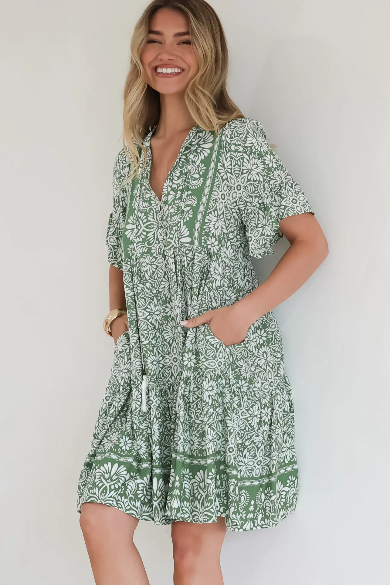 Abilia Mini Dress - Mandarin Collar Smock Dress in Harley Print Green>Salty Crush Best