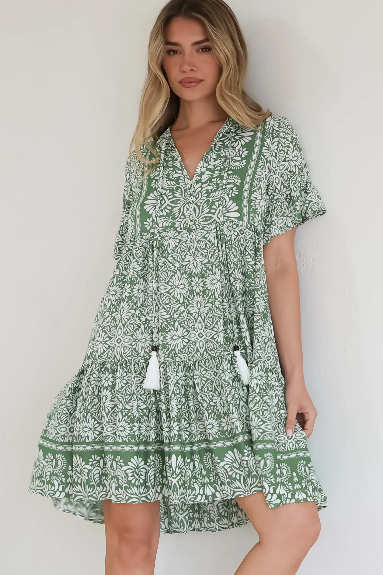 Abilia Mini Dress - Mandarin Collar Smock Dress in Harley Print Green>Salty Crush Best