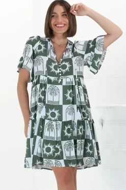 Abilia Mini Dress - Mandarin Collar Buttoned Bodice Smock Dress in Layah Print Green>Salty Crush Online