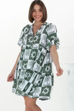 Abilia Mini Dress - Mandarin Collar Buttoned Bodice Smock Dress in Layah Print Green><noscript><img width=