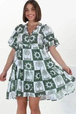 Abilia Mini Dress - Mandarin Collar Buttoned Bodice Smock Dress in Layah Print Green><noscript><img width=