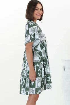 Abilia Mini Dress - Mandarin Collar Buttoned Bodice Smock Dress in Layah Print Green><noscript><img width=