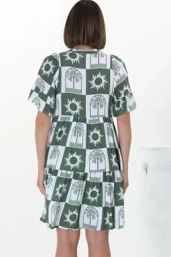 Abilia Mini Dress - Mandarin Collar Buttoned Bodice Smock Dress in Layah Print Green><noscript><img width=