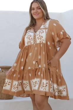 Abilia Mini Dress - Mandarin Collar Smock Dress in Lucinda Print Tan>Salty Crush New