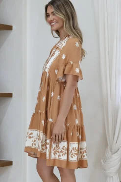 Abilia Mini Dress - Mandarin Collar Smock Dress in Lucinda Print Tan><noscript><img width=
