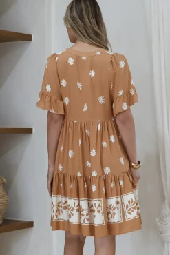Abilia Mini Dress - Mandarin Collar Smock Dress in Lucinda Print Tan><noscript><img width=