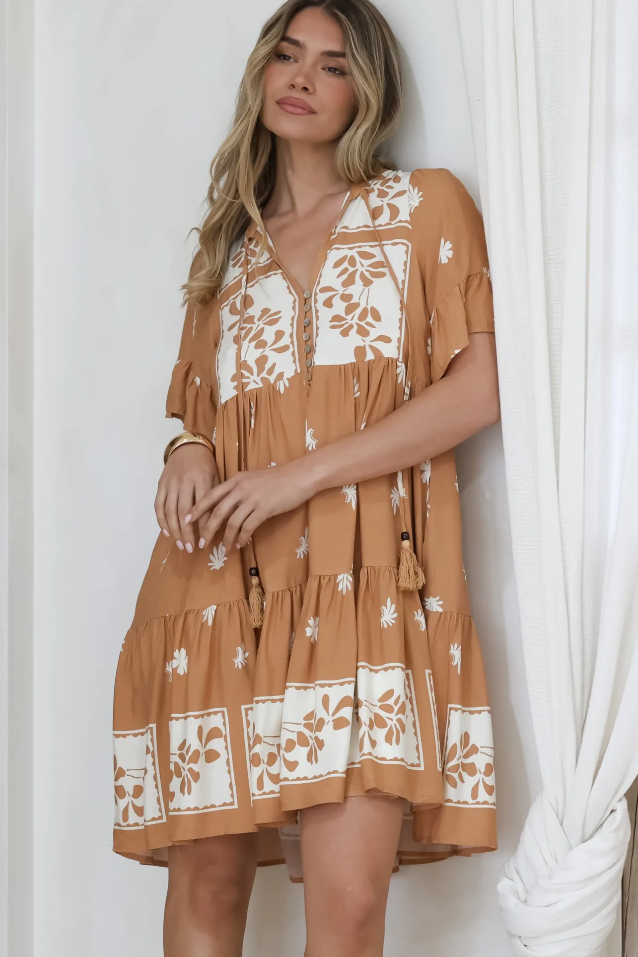 Abilia Mini Dress - Mandarin Collar Smock Dress in Lucinda Print Tan>Salty Crush New