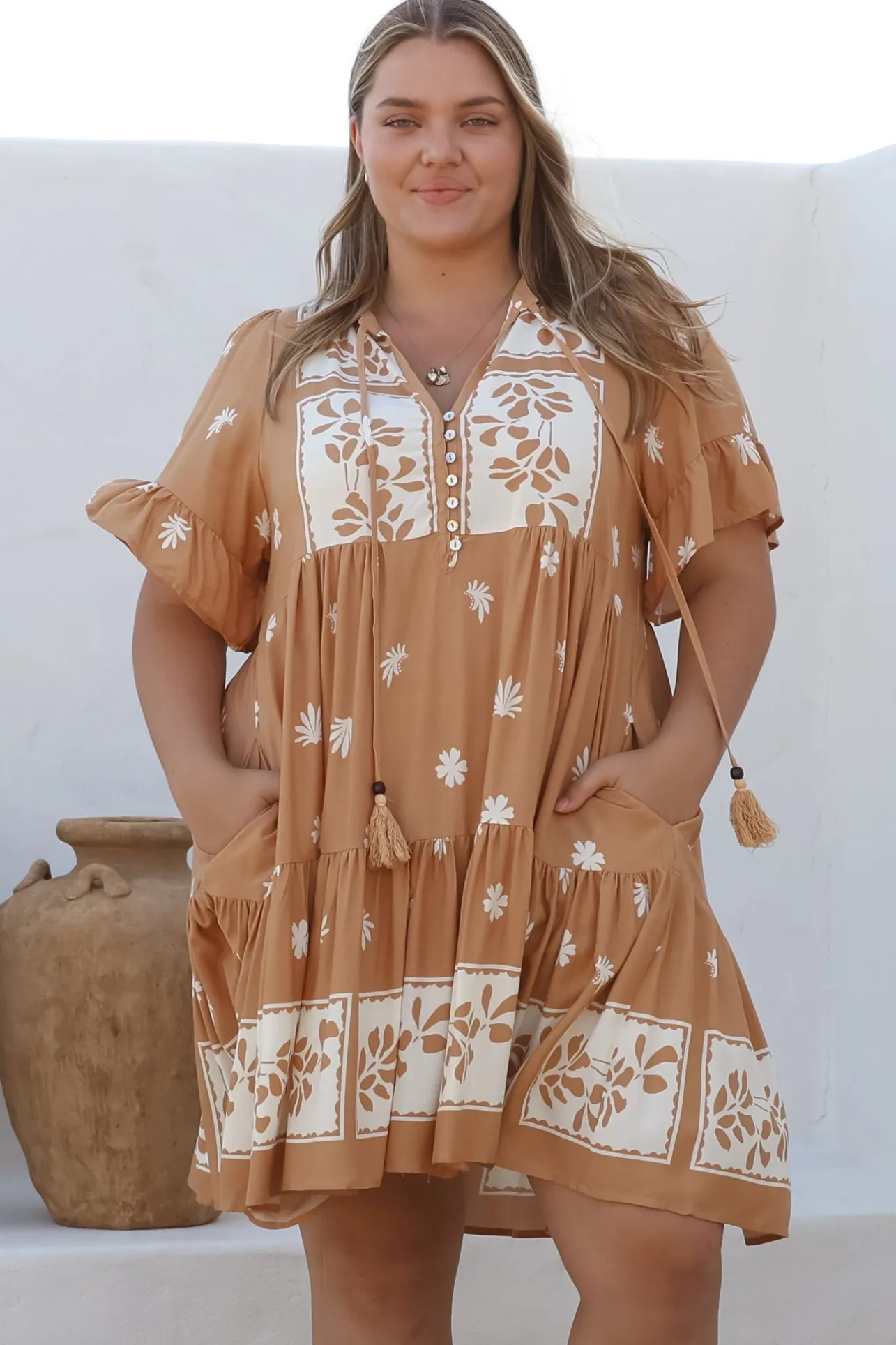 Abilia Mini Dress - Mandarin Collar Smock Dress in Lucinda Print Tan>Salty Crush New