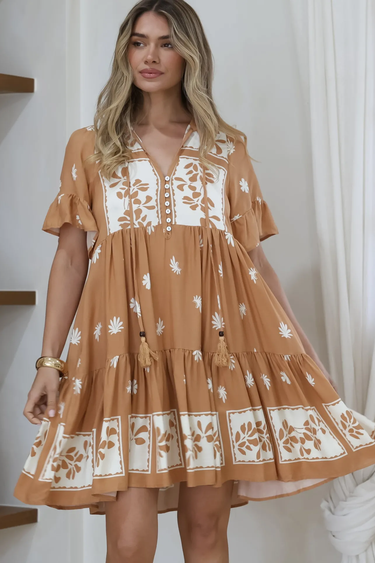 Abilia Mini Dress - Mandarin Collar Smock Dress in Lucinda Print Tan>Salty Crush New