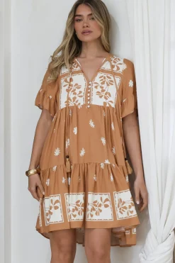 Abilia Mini Dress - Mandarin Collar Smock Dress in Lucinda Print Tan><noscript><img width=