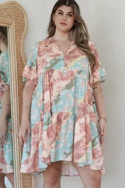 Abilia Mini Dress - Mandarin Collar Smock Dress in Clavelle Print>Salty Crush Online