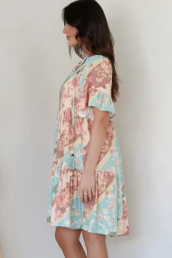 Abilia Mini Dress - Mandarin Collar Smock Dress in Clavelle Print><noscript><img width=