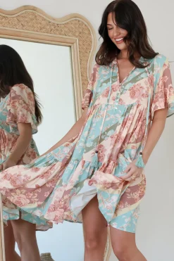 Abilia Mini Dress - Mandarin Collar Smock Dress in Clavelle Print><noscript><img width=