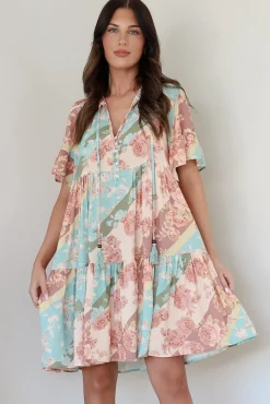 Abilia Mini Dress - Mandarin Collar Smock Dress in Clavelle Print><noscript><img width=