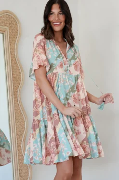 Abilia Mini Dress - Mandarin Collar Smock Dress in Clavelle Print><noscript><img width=