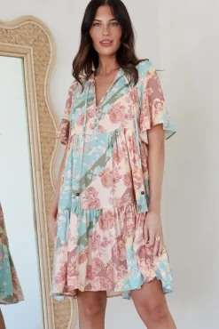 Abilia Mini Dress - Mandarin Collar Smock Dress in Clavelle Print><noscript><img width=