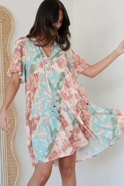 Abilia Mini Dress - Mandarin Collar Smock Dress in Clavelle Print><noscript><img width=