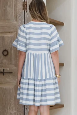 Abilia Mini Dress - Mandarin Collar Smock Dress in Gaubi Print Blue><noscript><img width=