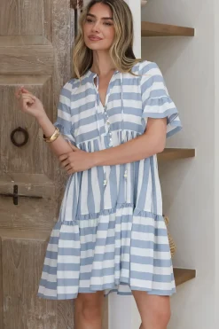 Abilia Mini Dress - Mandarin Collar Smock Dress in Gaubi Print Blue><noscript><img width=