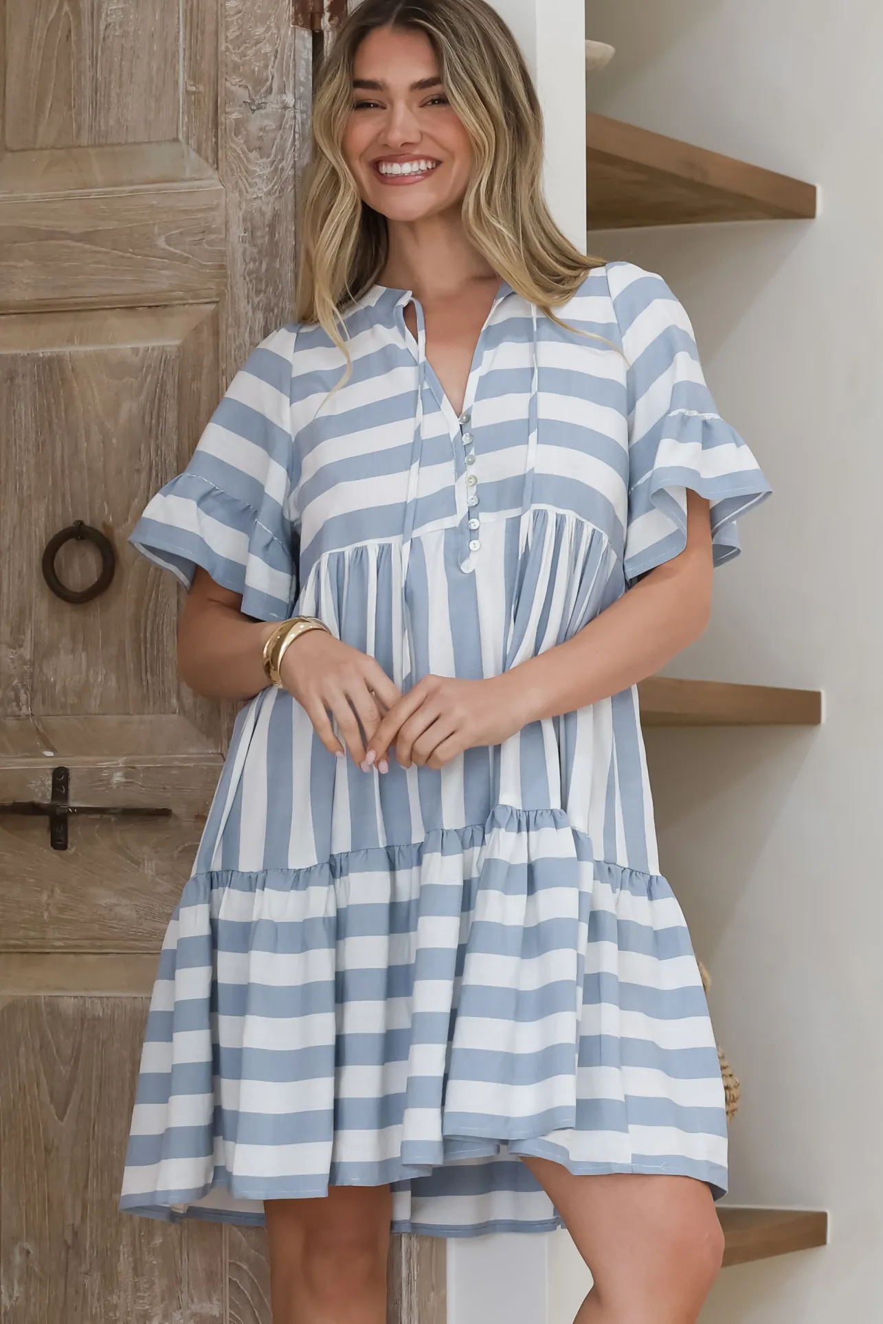 Abilia Mini Dress - Mandarin Collar Smock Dress in Gaubi Print Blue>Salty Crush Sale