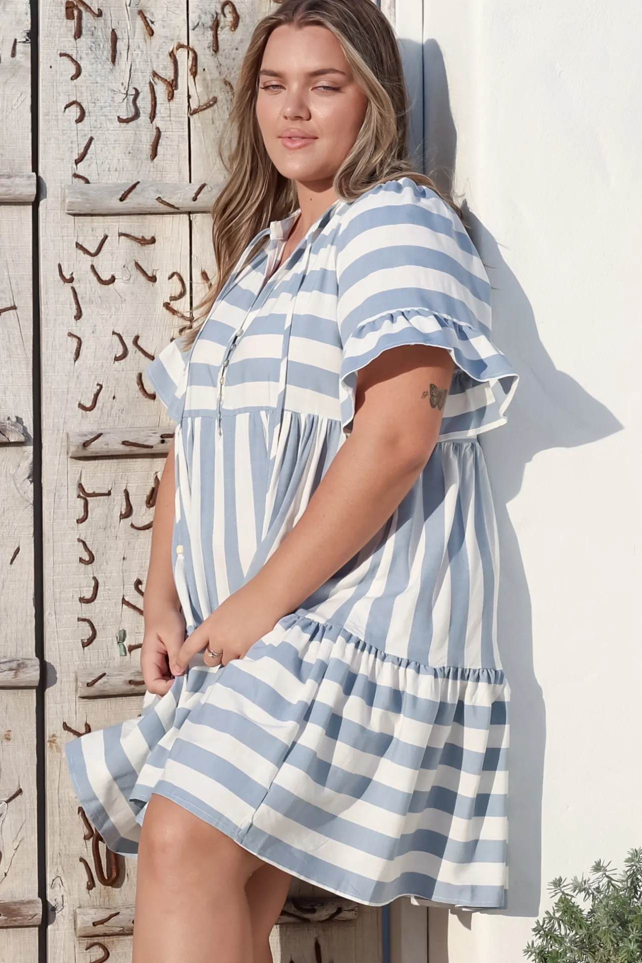 Abilia Mini Dress - Mandarin Collar Smock Dress in Gaubi Print Blue>Salty Crush Sale
