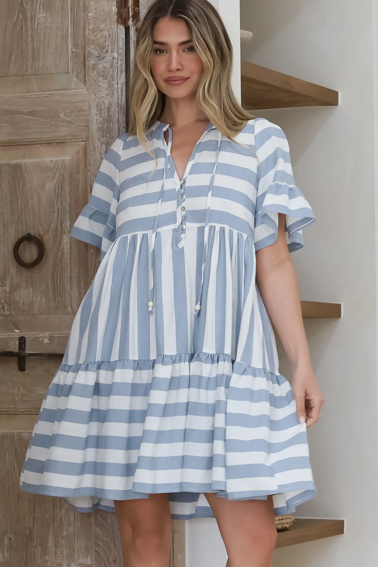 Abilia Mini Dress - Mandarin Collar Smock Dress in Gaubi Print Blue>Salty Crush Sale