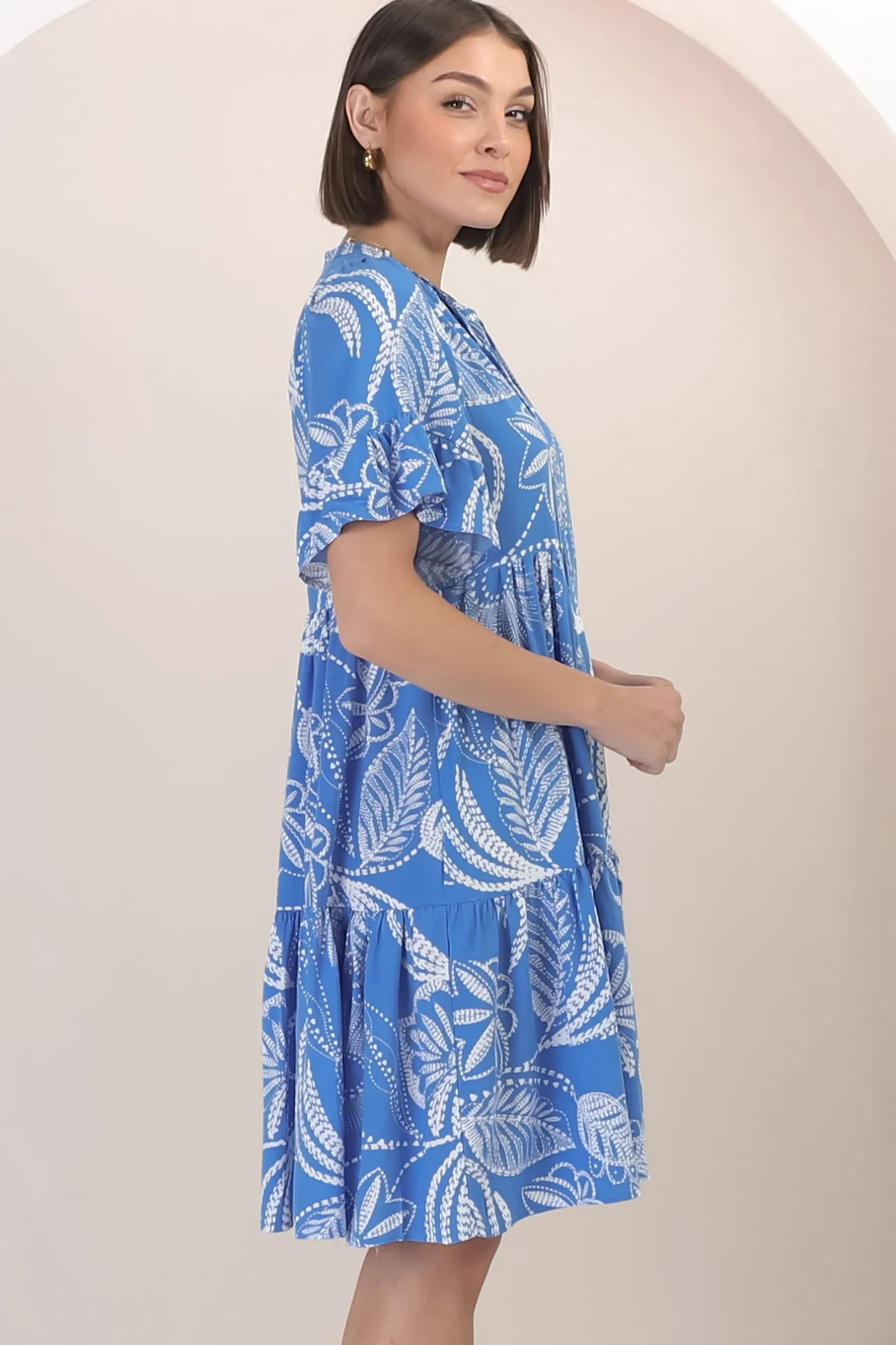 Abilia Mini Dress - Mandarin Collar Buttoned Bodice Smock Dress in Havanna Print in Blue>Salty Crush Outlet