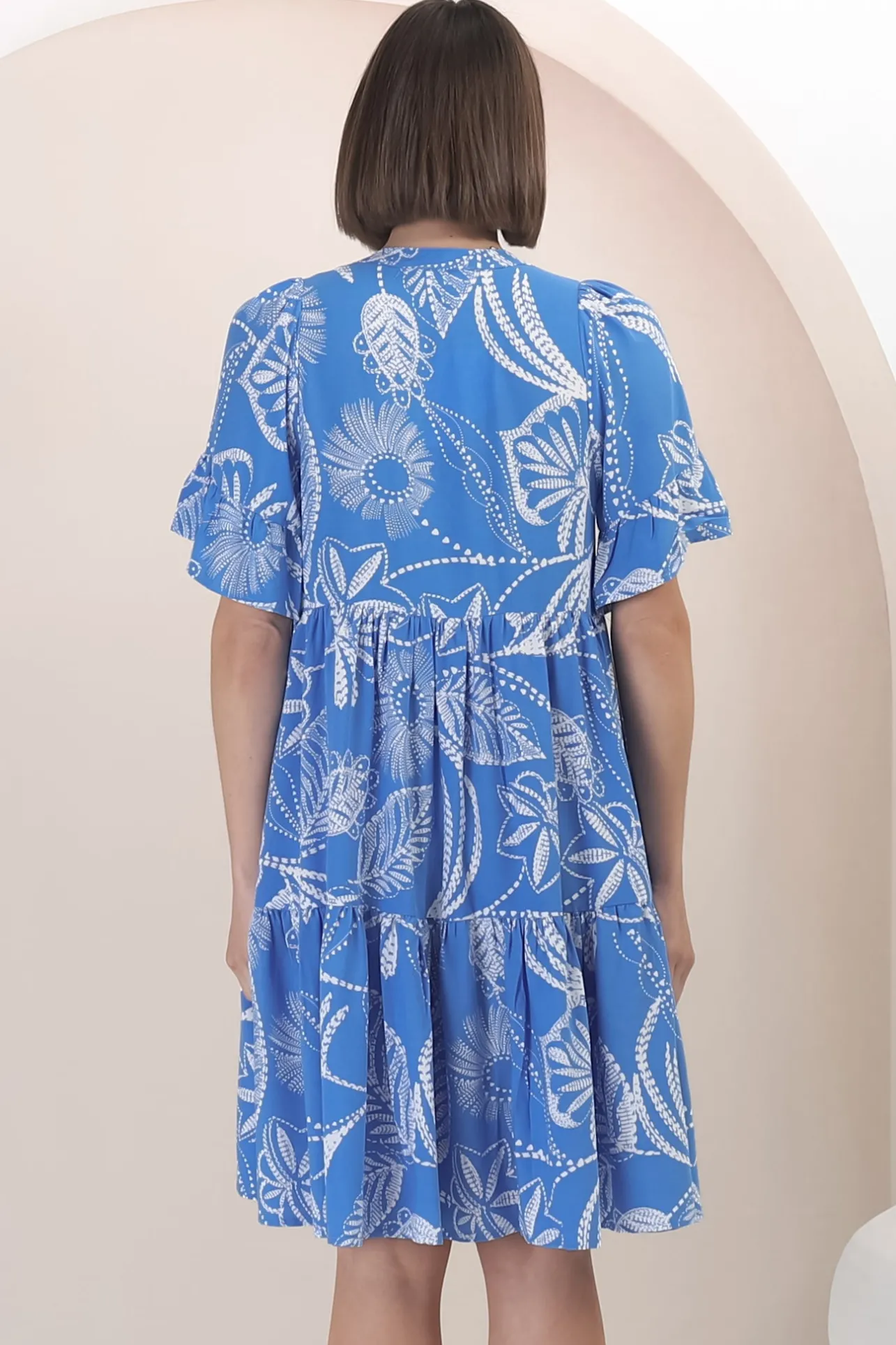 Abilia Mini Dress - Mandarin Collar Buttoned Bodice Smock Dress in Havanna Print in Blue>Salty Crush Outlet