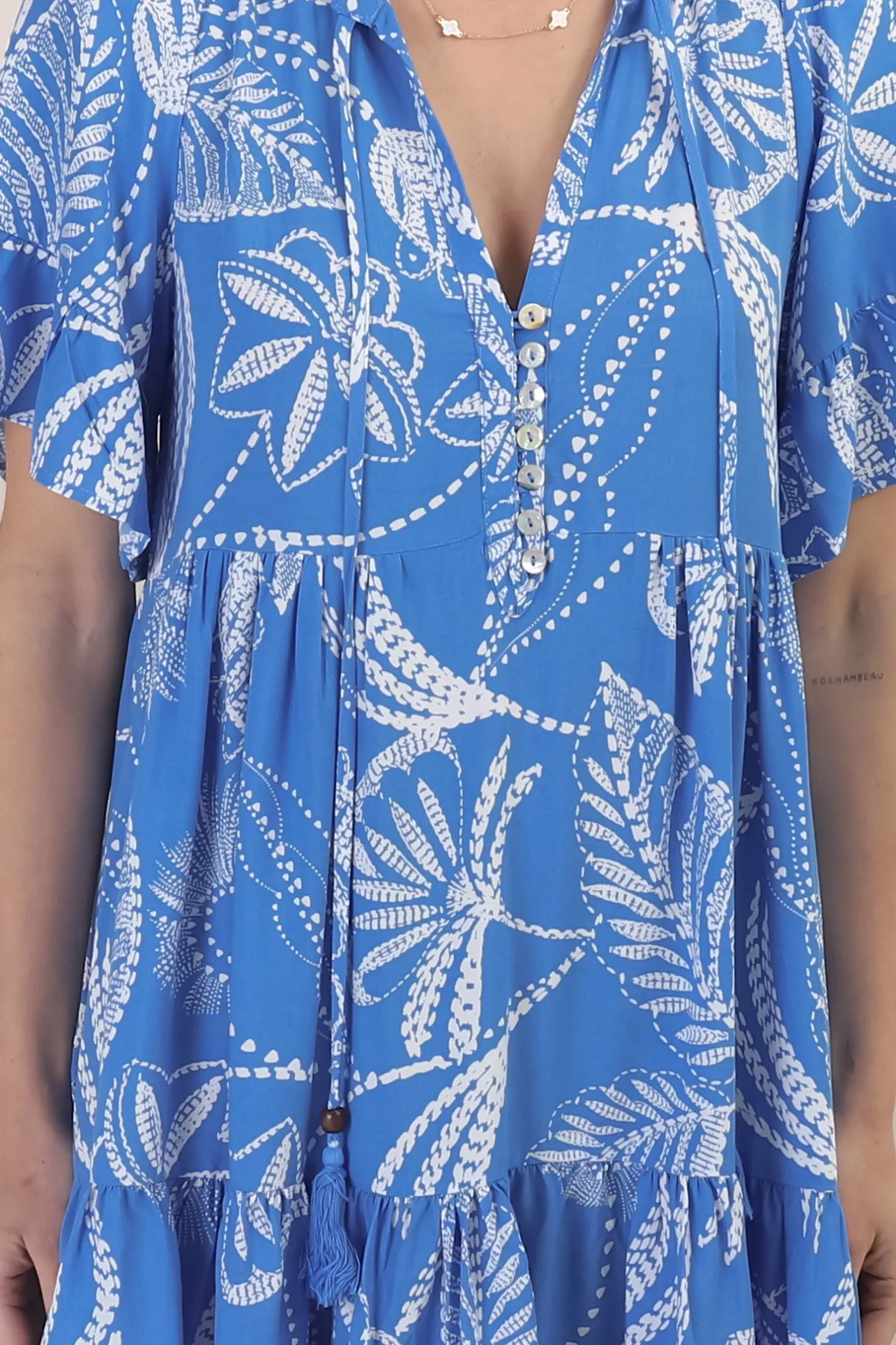 Abilia Mini Dress - Mandarin Collar Buttoned Bodice Smock Dress in Havanna Print in Blue>Salty Crush Outlet