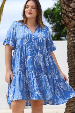 Abilia Mini Dress - Mandarin Collar Buttoned Bodice Smock Dress in Havanna Print in Blue><noscript><img width=