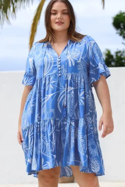 Abilia Mini Dress - Mandarin Collar Buttoned Bodice Smock Dress in Havanna Print in Blue><noscript><img width=