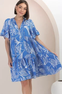 Abilia Mini Dress - Mandarin Collar Buttoned Bodice Smock Dress in Havanna Print in Blue><noscript><img width=
