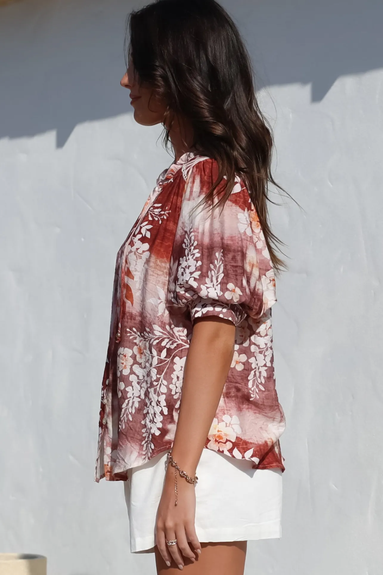 Acacia Blouse - Button Down Short Balloon Sleeve Shirt with Buttoned Cuffs in Ashara Print>Salty Crush Outlet