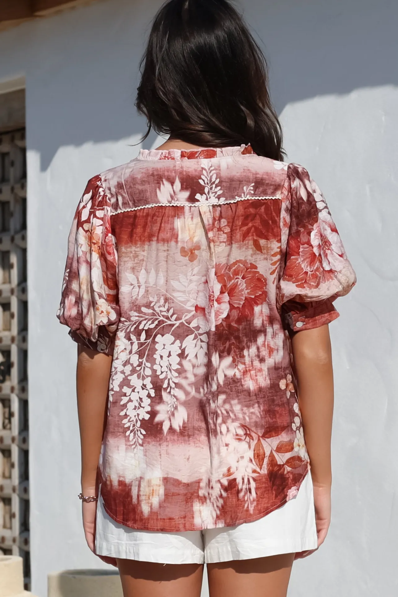 Acacia Blouse - Button Down Short Balloon Sleeve Shirt with Buttoned Cuffs in Ashara Print>Salty Crush Outlet