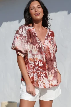 Acacia Blouse - Button Down Short Balloon Sleeve Shirt with Buttoned Cuffs in Ashara Print><noscript><img width=
