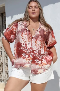 Acacia Blouse - Button Down Short Balloon Sleeve Shirt with Buttoned Cuffs in Ashara Print><noscript><img width=