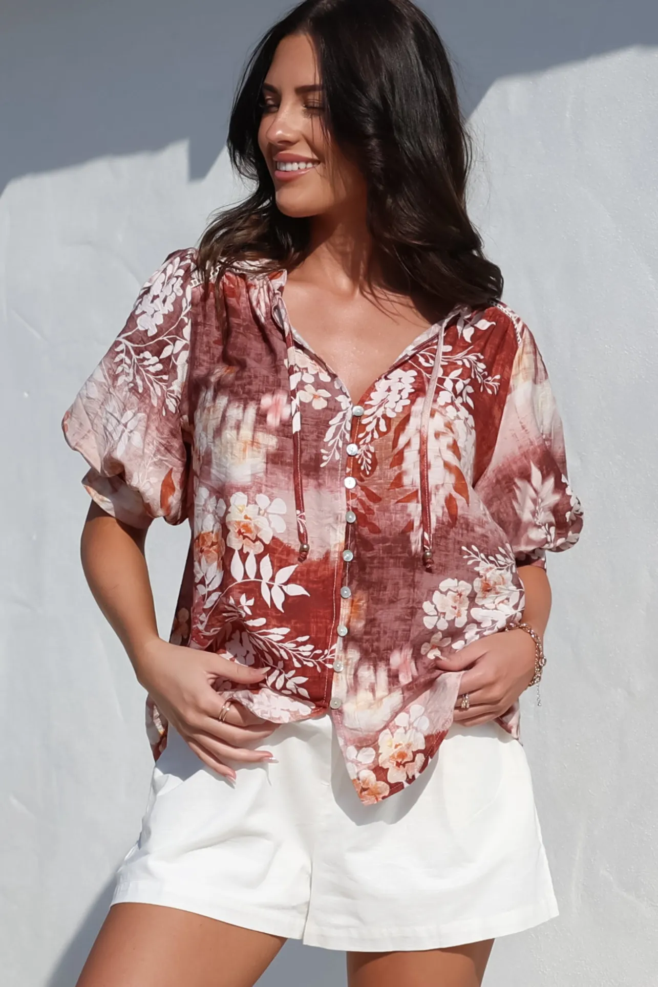Acacia Blouse - Button Down Short Balloon Sleeve Shirt with Buttoned Cuffs in Ashara Print>Salty Crush Outlet