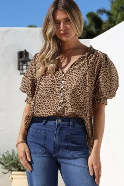 Acacia Blouse - Button Down Short Balloon Sleeve Shirt with Buttoned Cuffs in Wyatt Print>Salty Crush Discount