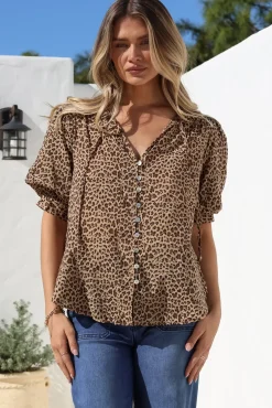 Acacia Blouse - Button Down Short Balloon Sleeve Shirt with Buttoned Cuffs in Wyatt Print><noscript><img width=