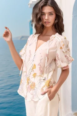 Acacia Blouse - Button Down Short Balloon Sleeve Shirt with Buttoned Cuffs in Sheree Print><noscript><img width=