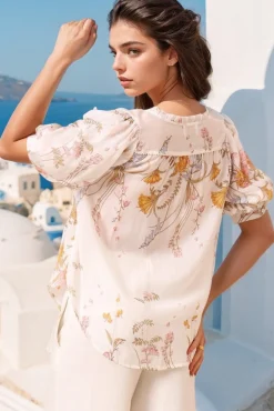 Acacia Blouse - Button Down Short Balloon Sleeve Shirt with Buttoned Cuffs in Sheree Print><noscript><img width=