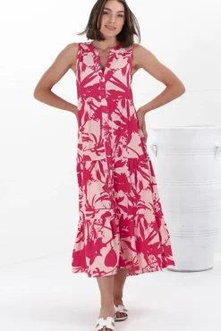 Acelle Midi Dress - Sleeveless Bermuda Collar Button Down Dress in Patty Print Pink>Salty Crush Sale
