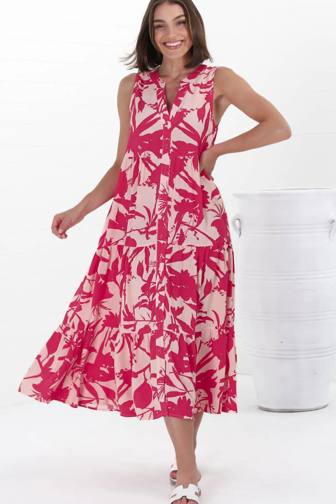Acelle Midi Dress - Sleeveless Bermuda Collar Button Down Dress in Patty Print Pink>Salty Crush Sale