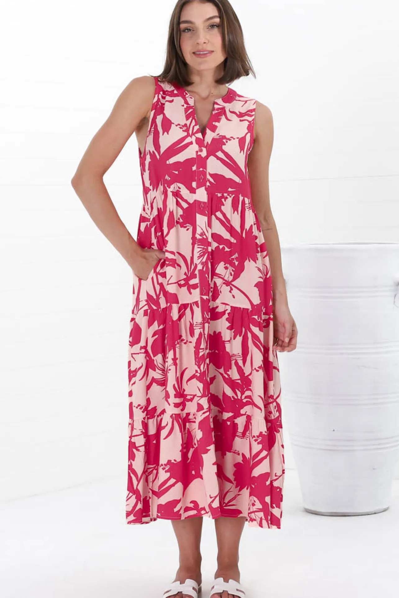 Acelle Midi Dress - Sleeveless Bermuda Collar Button Down Dress in Patty Print Pink>Salty Crush Sale