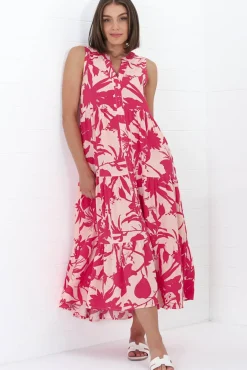 Acelle Midi Dress - Sleeveless Bermuda Collar Button Down Dress in Patty Print Pink><noscript><img width=