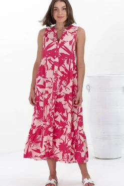Acelle Midi Dress - Sleeveless Bermuda Collar Button Down Dress in Patty Print Pink><noscript><img width=