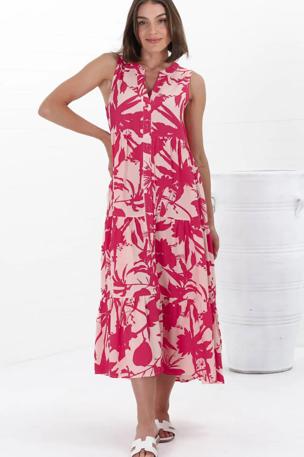 Acelle Midi Dress - Sleeveless Bermuda Collar Button Down Dress in Patty Print Pink>Salty Crush Sale