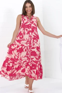Acelle Midi Dress - Sleeveless Bermuda Collar Button Down Dress in Patty Print Pink><noscript><img width=
