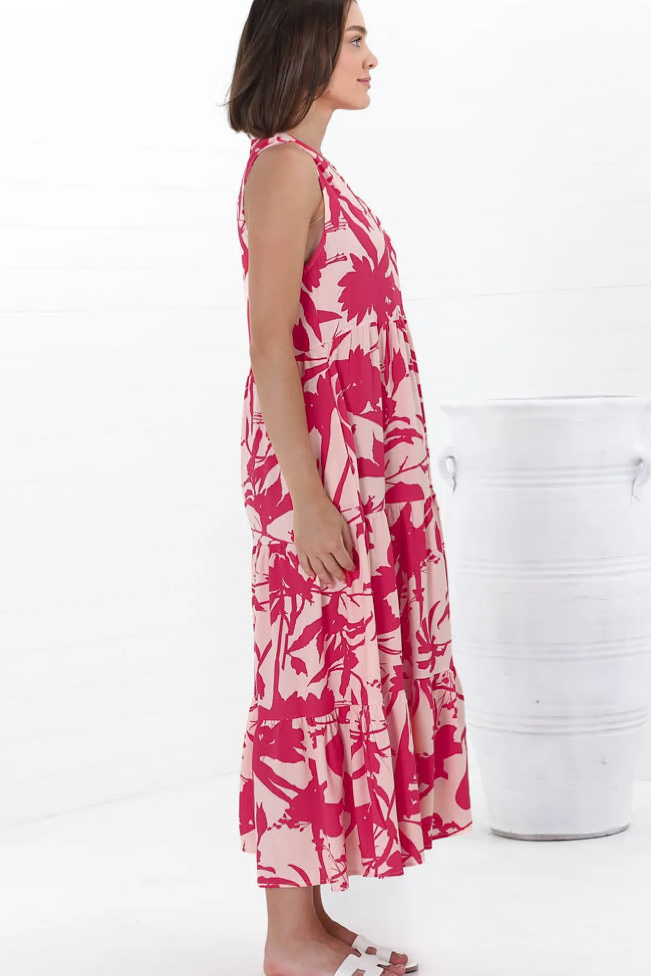 Acelle Midi Dress - Sleeveless Bermuda Collar Button Down Dress in Patty Print Pink>Salty Crush Sale
