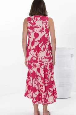 Acelle Midi Dress - Sleeveless Bermuda Collar Button Down Dress in Patty Print Pink><noscript><img width=